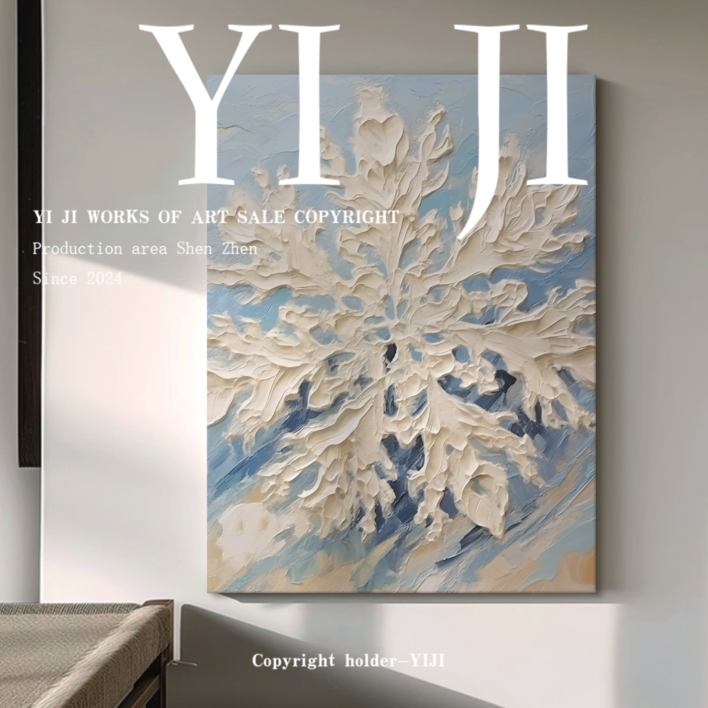 YJ.ART原创手绘《雪璇静域》高级感雪花艺术玄关卧室肌理装饰画