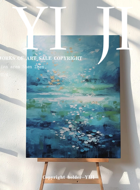 YJ.ART原创手绘《浮光跃金》蓝色治愈系抽象肌理书房落地窗手工画