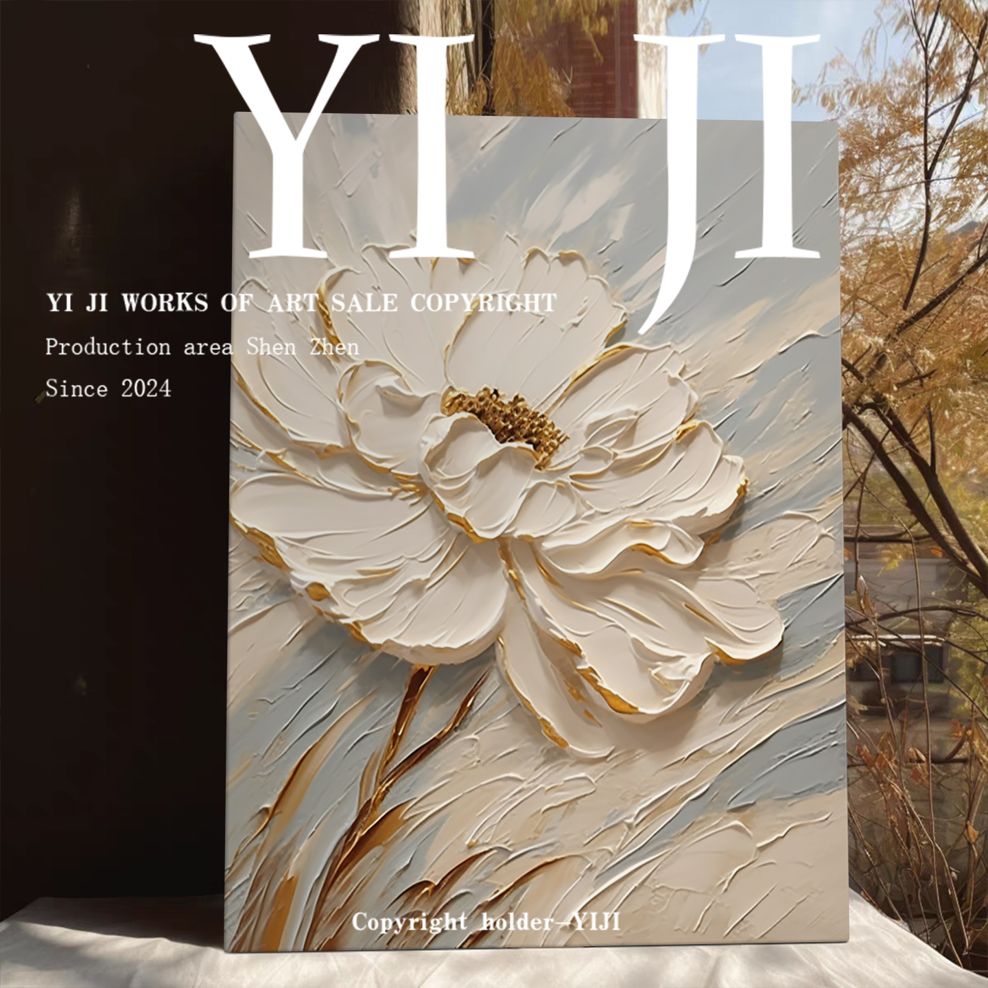 YJ.ART原创手绘《鎏绽》客厅侘寂风高档艺术花朵油画自然肌理挂画