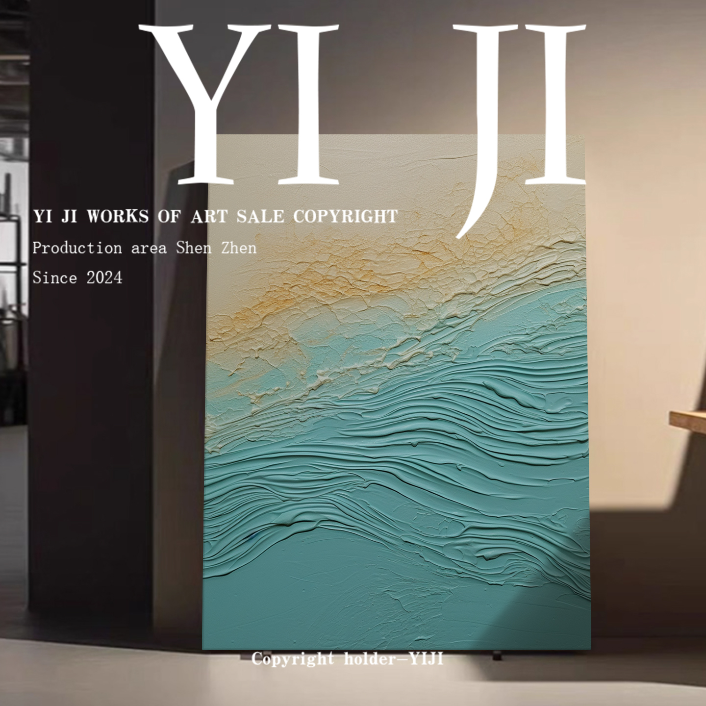 YJ.ART原创手绘《砂痕溯光》轻奢风高级感海蓝艺术卧室玄关装饰画