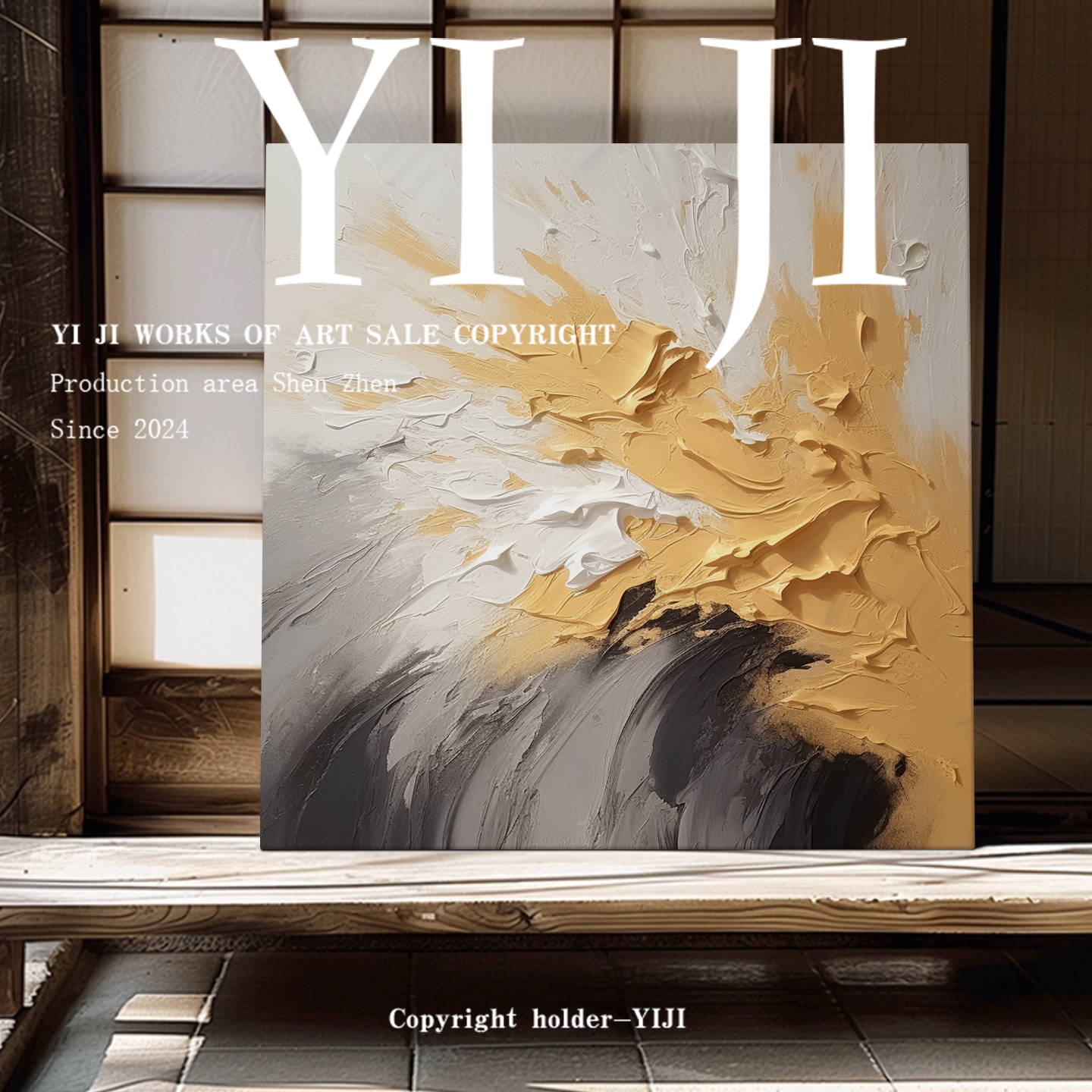 YJ.ART原创手绘《浮金溯迹》中古风抽象艺术简约客厅卧室高档挂画