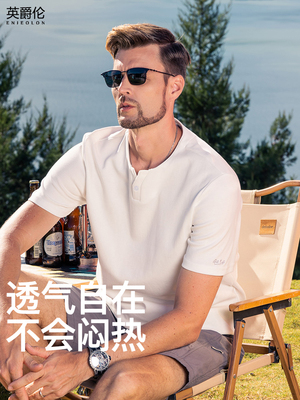 英爵伦230G重磅男士短袖T恤2024夏季V领纽扣纯色体恤美式打底衫男