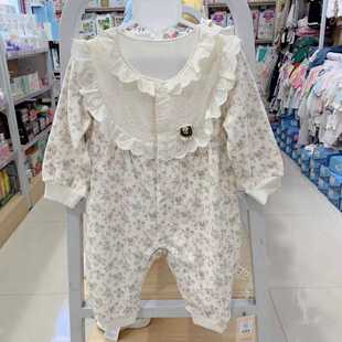 谷米熊女宝宝小碎花蕾丝双层哈衣25年秋款婴儿连体衣长袖外出爬服