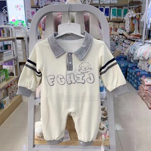 谷米熊秋款婴儿连体爬服男宝宝超洋气刺绣娃娃纯棉外出双层外出服