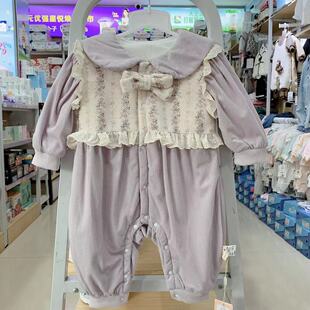 谷米熊女宝大蝴蝶薄棉哈衣秋冬季婴儿衣服连体爬服新生儿外出抱服