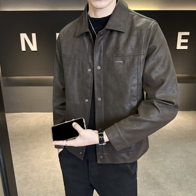 美式复古翻领皮衣男士秋季潮牌PU机车外套短款做旧男装痞帅夹克衫