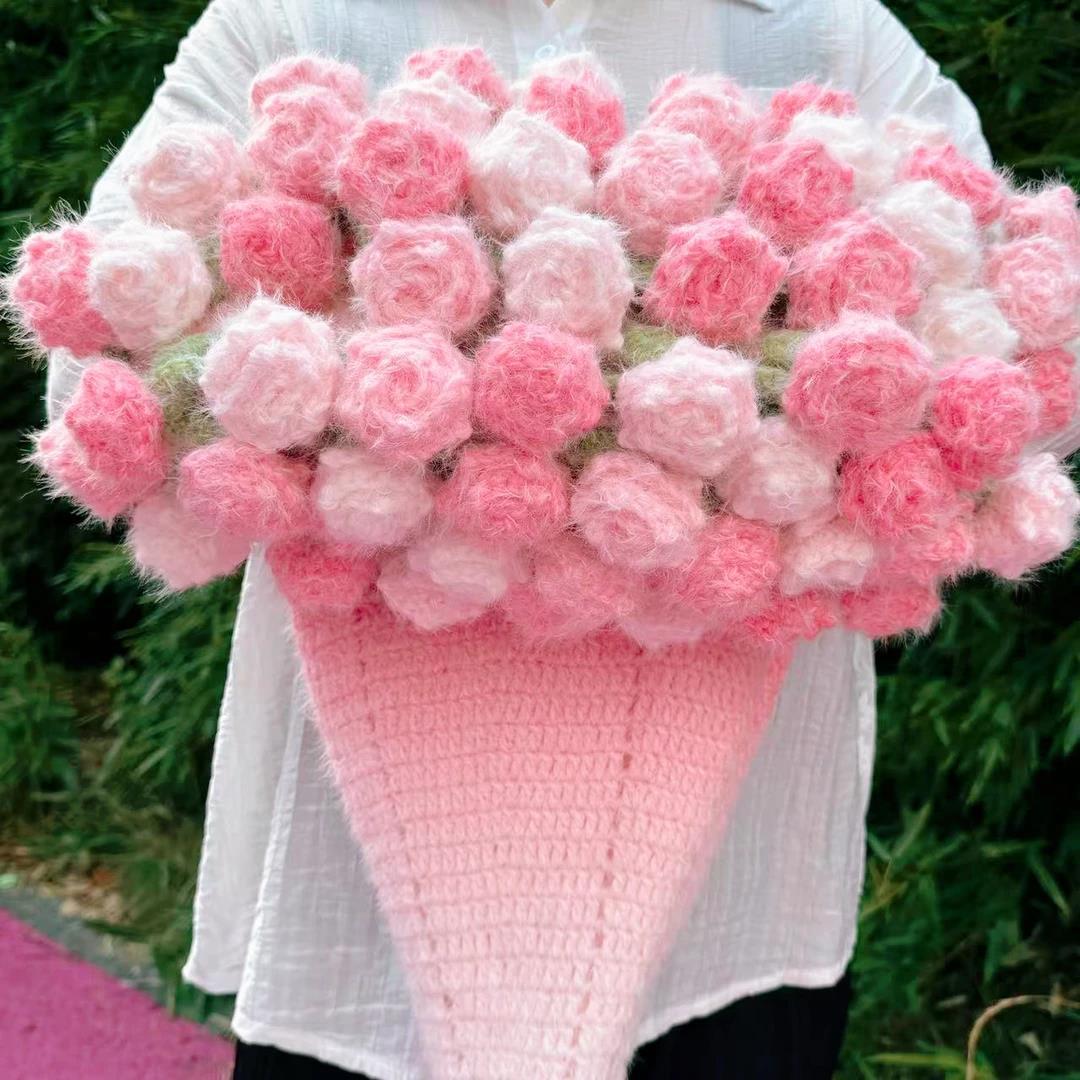 渐变色玫瑰花毯长绒线手工diy编织毛线花束毯子材料包送女友礼物