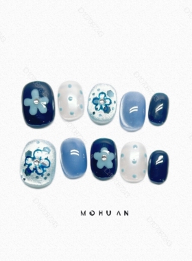 手工穿戴甲2026新款秋冬美甲贴片手绘蓝色花朵个性仙气显白小众