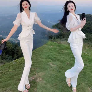 名媛时尚气质套装女2024新款夏季韩版轻奢风短袖西服微喇裤两件套