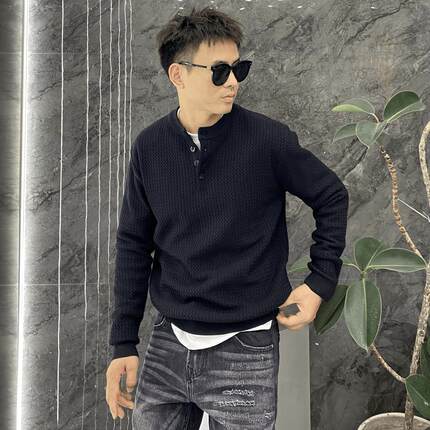 美式潮流气质范新款亨利领修身针织衫男士休闲百搭长袖打底毛线衣
