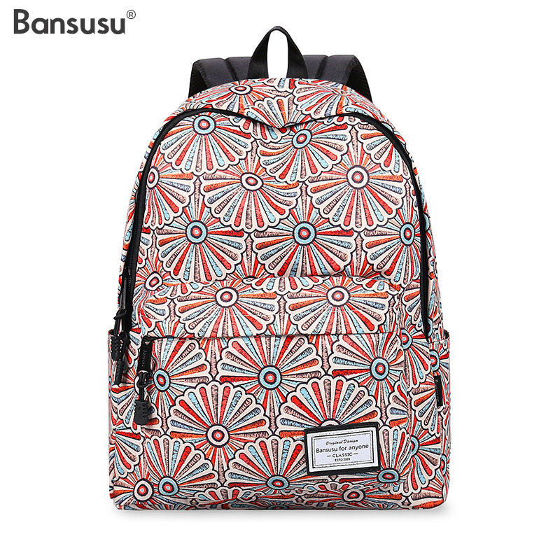 bansusu印花复古双肩包女中大学生书包旅行包小清新背包减压书包
