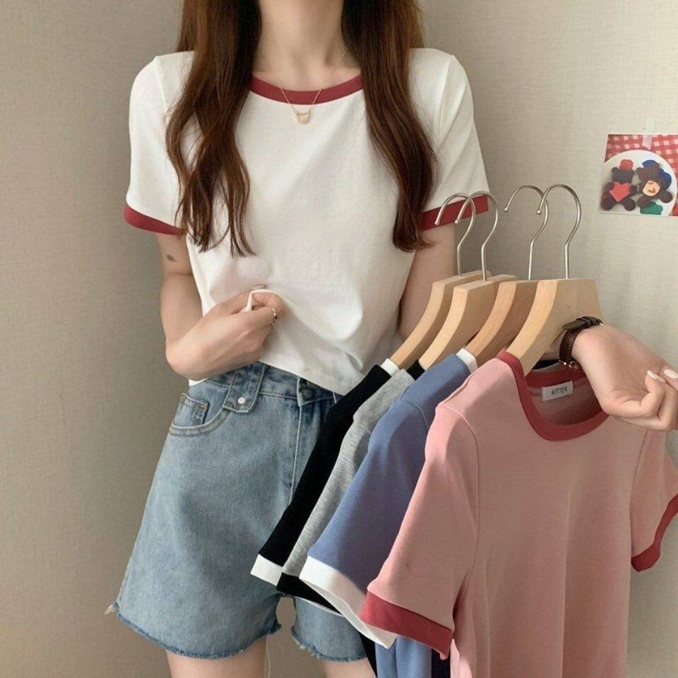 撞色圆领短袖t恤女2025年新款夏季打底衫韩版修身短款学生上衣潮