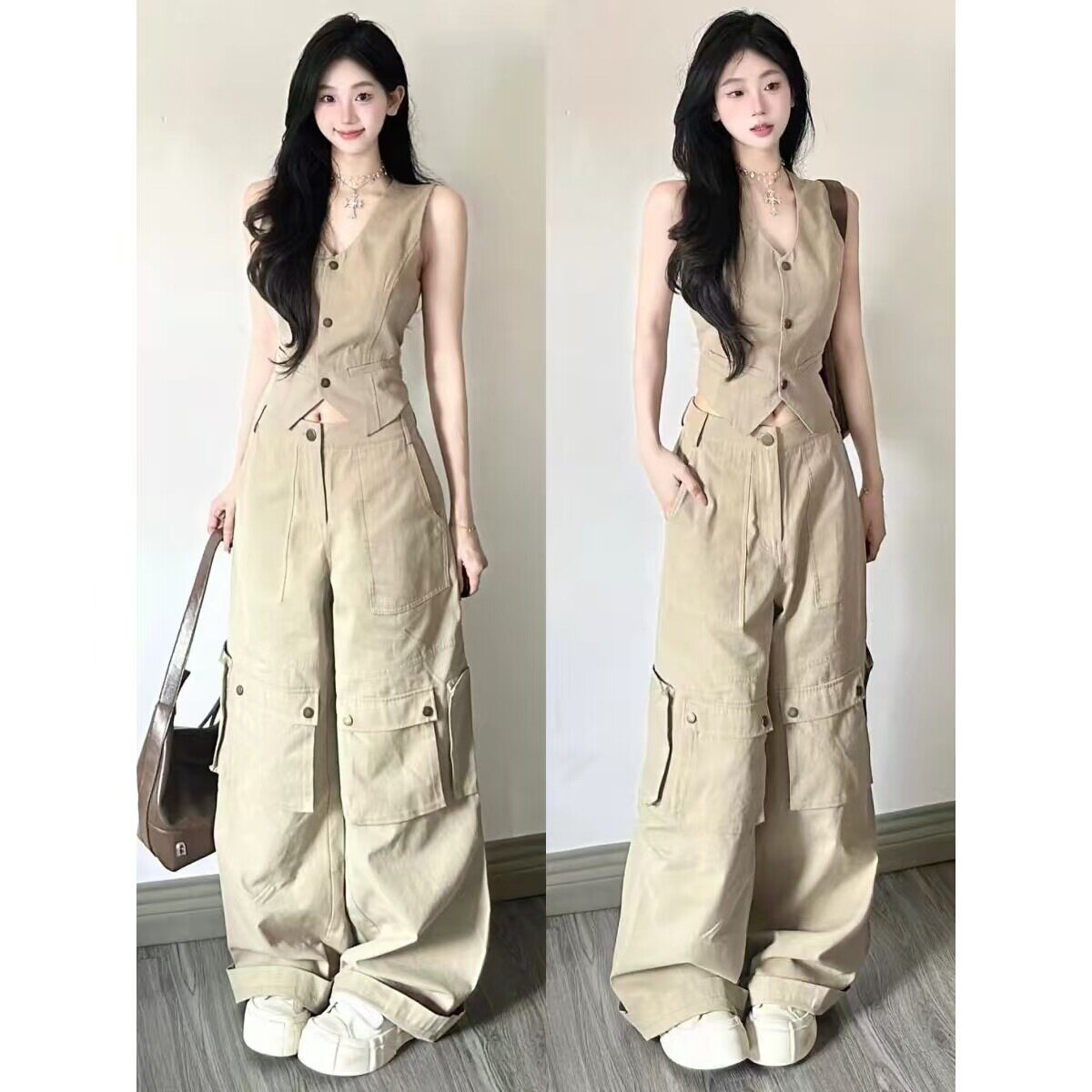 港风复古运动服套装女夏季高级感马甲背心工装阔腿裤休闲两件套潮