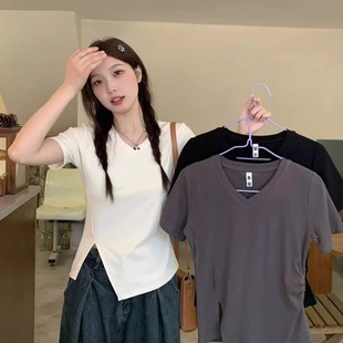 大码甜辣风短袖白色t恤女夏季胖mm遮肚子显瘦正肩短款不规则上衣