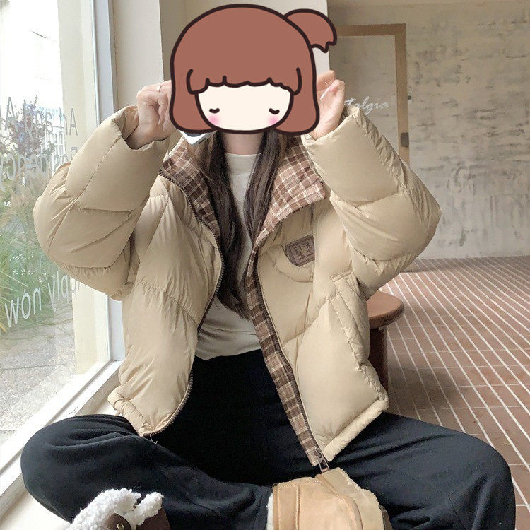 格子拼接学院风立领棉服女冬季2025年新款短款小个子面包服外套