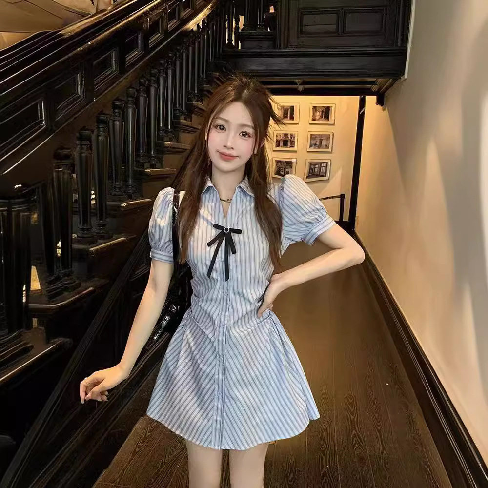 学院风条纹蓝色连衣裙女夏季法式小个子收腰短裙polo领衬衫裙套装