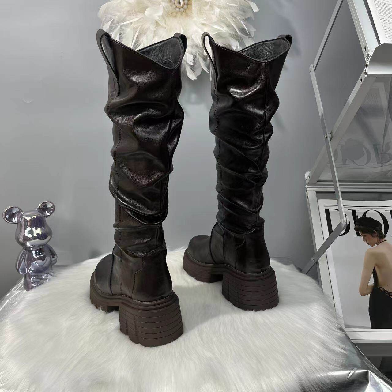 真皮厚底长筒靴女2025年秋冬高筒骑士靴平跟英伦风复古中筒堆堆靴