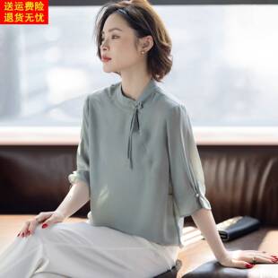 中式妈妈夏装新款套装洋气时尚高贵小衫中袖t恤中老年女士上衣服