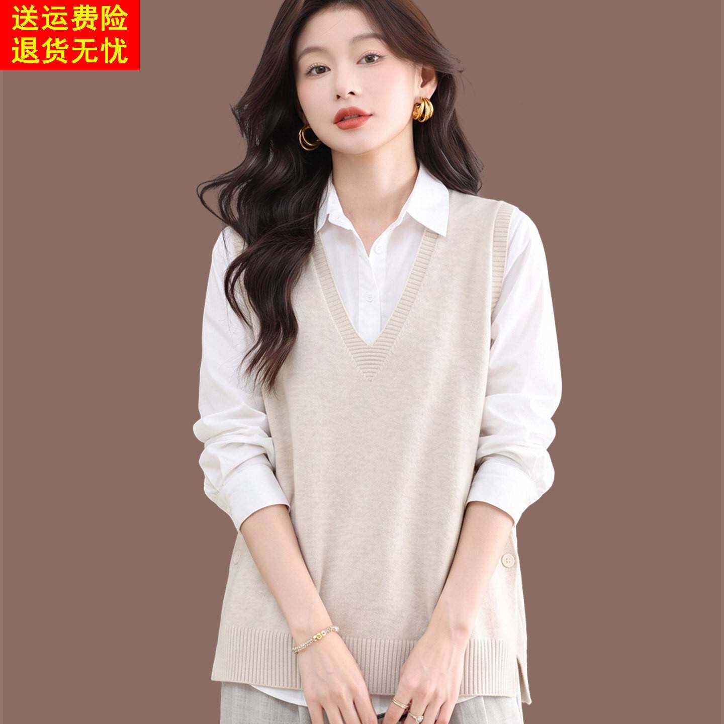 2026春秋新款羊毛V领针织马甲女春秋百搭无袖叠穿通勤慵懒风背心