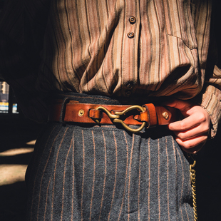 美式 带港风针扣编织 复古皮带头层牛皮真皮腰带男女士黄铜挂钩扣裤