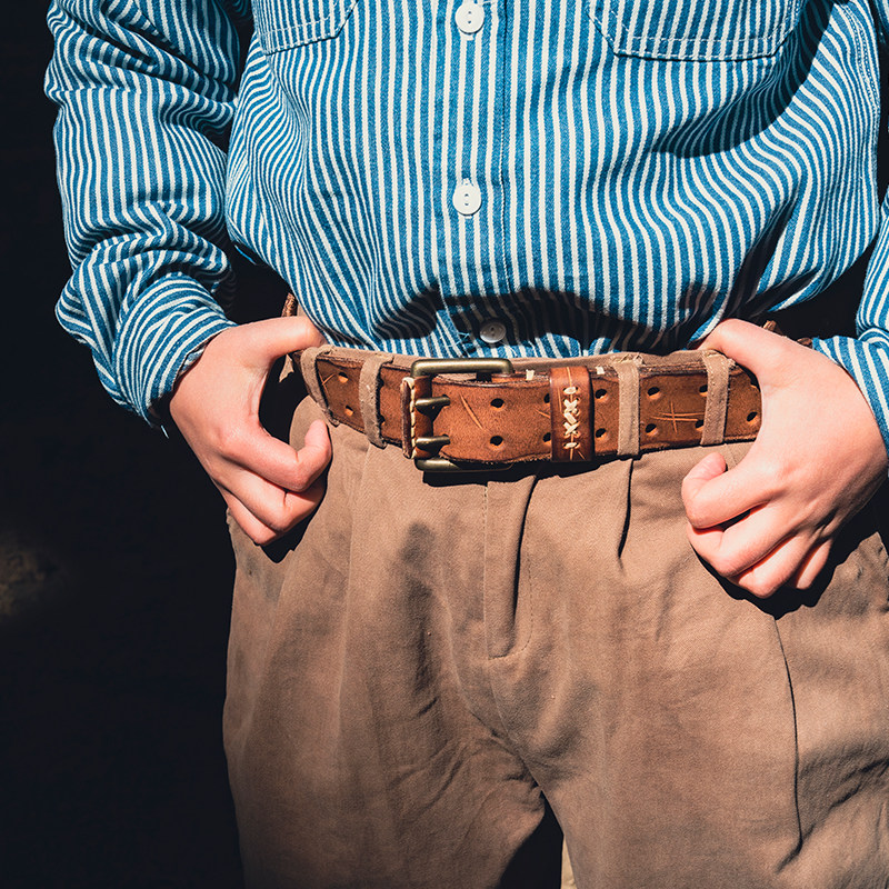 美式复古粗矿爆浆雾蜡头层纯牛皮腰带做旧黄铜扣手工皮带机车裤带
