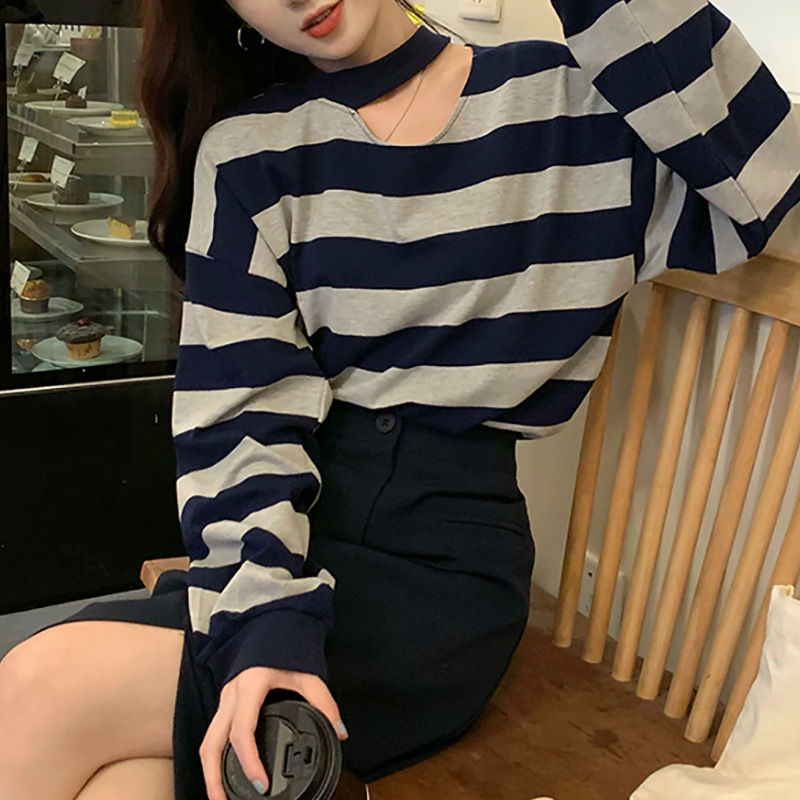 镂空挂脖条纹长袖针织衫女早秋网红新款设计感小众别致上衣ins