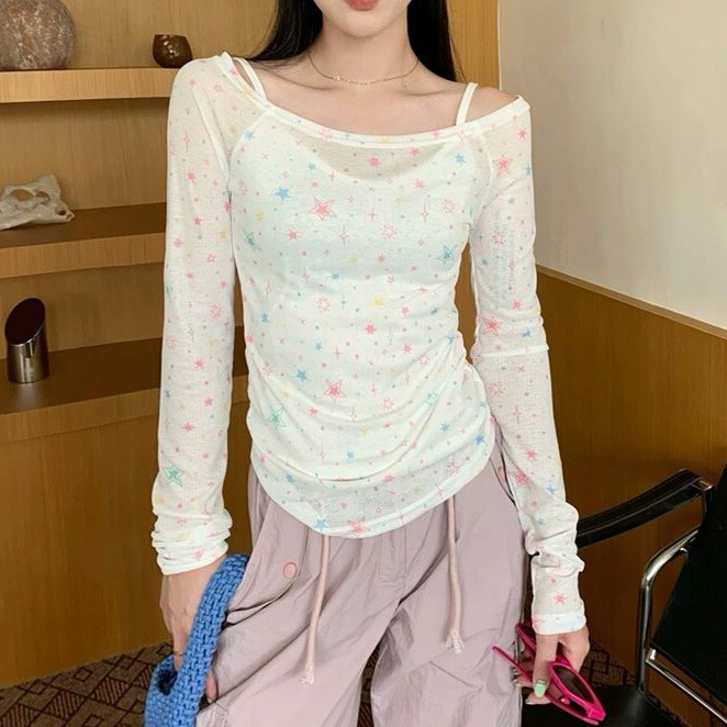 美式辣妹一字肩长袖罩衫夏季薄款星星图案防晒设计感T恤上衣INS潮
