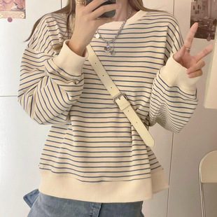 卫衣女款春秋新款韩版宽松设计感条纹上衣圆领套头长袖T恤外贸ins
