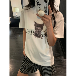 韩版 百搭卡通猫咪印花T恤休闲圆领宽松上衣女 夏款 时尚