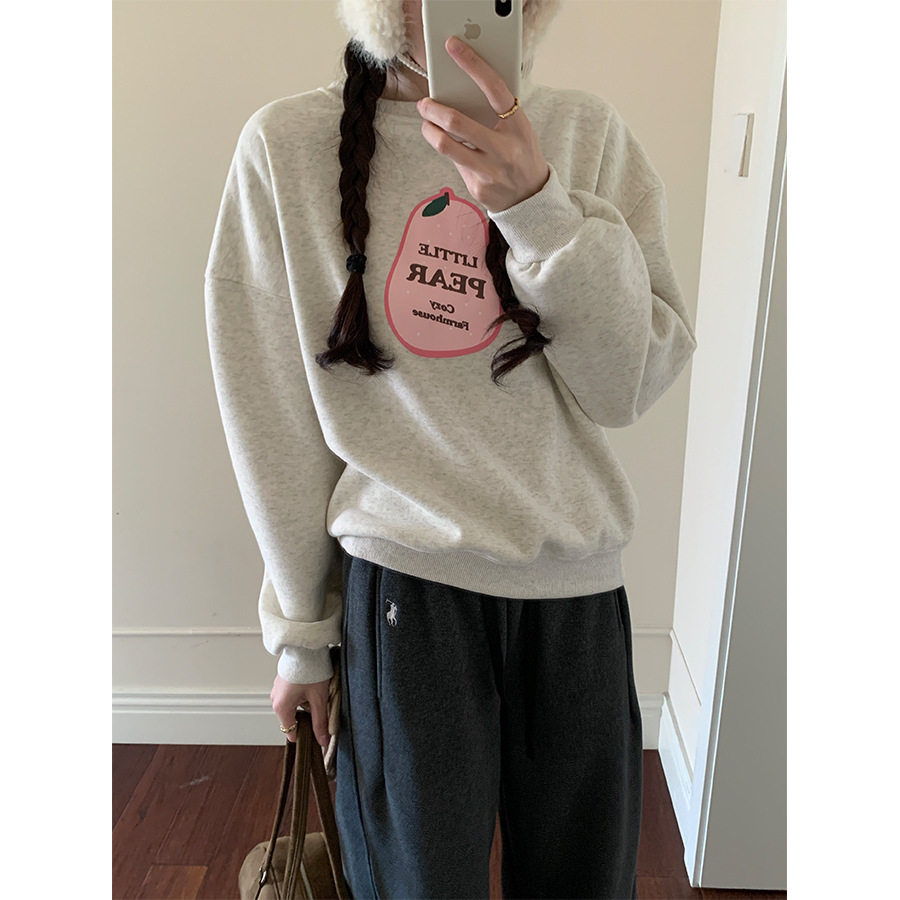 韩系梨形印花加绒卫衣女冬季休闲百搭保暖通勤长袖上衣541101