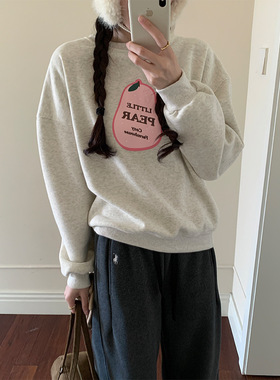 韩系梨形印花加绒卫衣女冬季休闲百搭保暖通勤长袖上衣541101