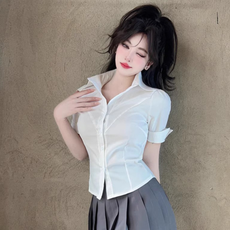 夏季辣妹褶皱收腰衬衫女足浴技师