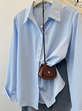 蓝色轻奢高档免烫衬衫女长袖内搭打底衫小个子职业叠穿衬衣秋冬