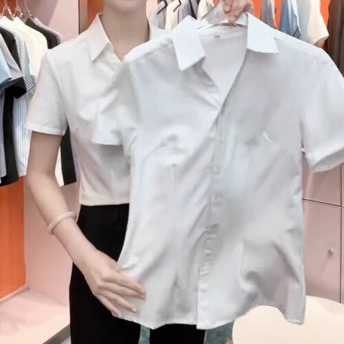 V玲白色短袖衬衫女春夏冰凉感