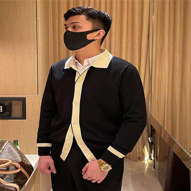韩版简约轻熟风翻领毛衣休闲开衫男痞帅青年时尚拼色针织衫外套男