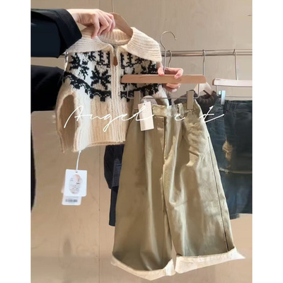 女童秋冬新款提花拉链毛衣工装裤
