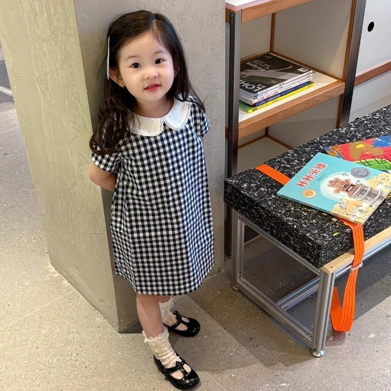韩版女童夏季黑白格子格子娃娃领背心裙女童森系连衣裙短袖公主裙