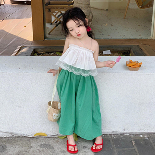 韩版 女童2025夏季 新款 甜美蕾丝花边抹胸上衣女宝宝洋气绿色阔腿裤
