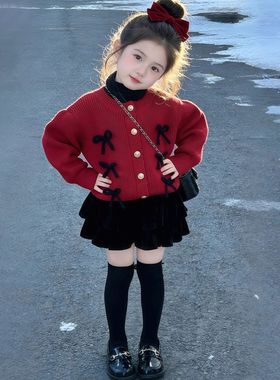 韩版女童2025冬季新年款红色蝴蝶结毛衣开衫小女孩黑色丝绒蛋糕裙
