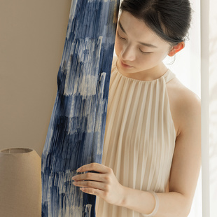 牛仔笔刷2025新品 雪尼尔窗帘定制 蓝色手绘条纹客厅卧室全遮光