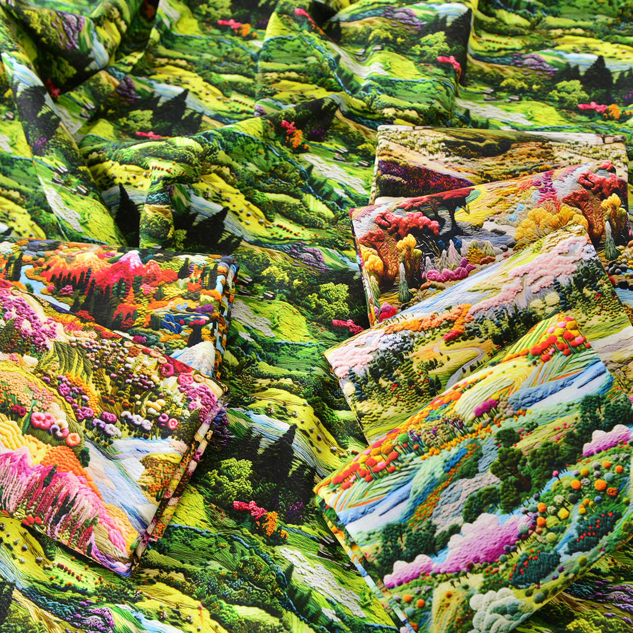 20支纯棉布料数码印花手工DIY家居棉布仿绣花绿色森林风景面料