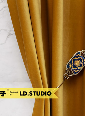 日式定型窗帘定制做比利时不倒天鹅绒复古金黄色轻奢美式现代客厅