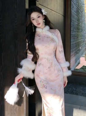 Mimo dk新中式国风厚款金线蕾丝毛毛温柔粉色改良旗袍连衣裙 菊芬