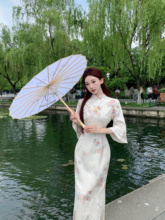 新中式复古国风提花缎面旗袍倒大袖清冷感温柔长款连衣裙 白入梦
