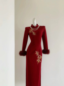 敬酒服新娘长袖 加厚红色订婚新中式 刺绣金竹子旗袍结婚连衣裙秋冬