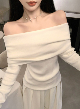 Mimo dk新款秋季法式一字肩露肩针织衫修身显瘦打底衫上衣女