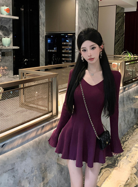 Mimo dk 早春长袖收腰V领针织连衣裙女修身显瘦气质内搭打底短裙