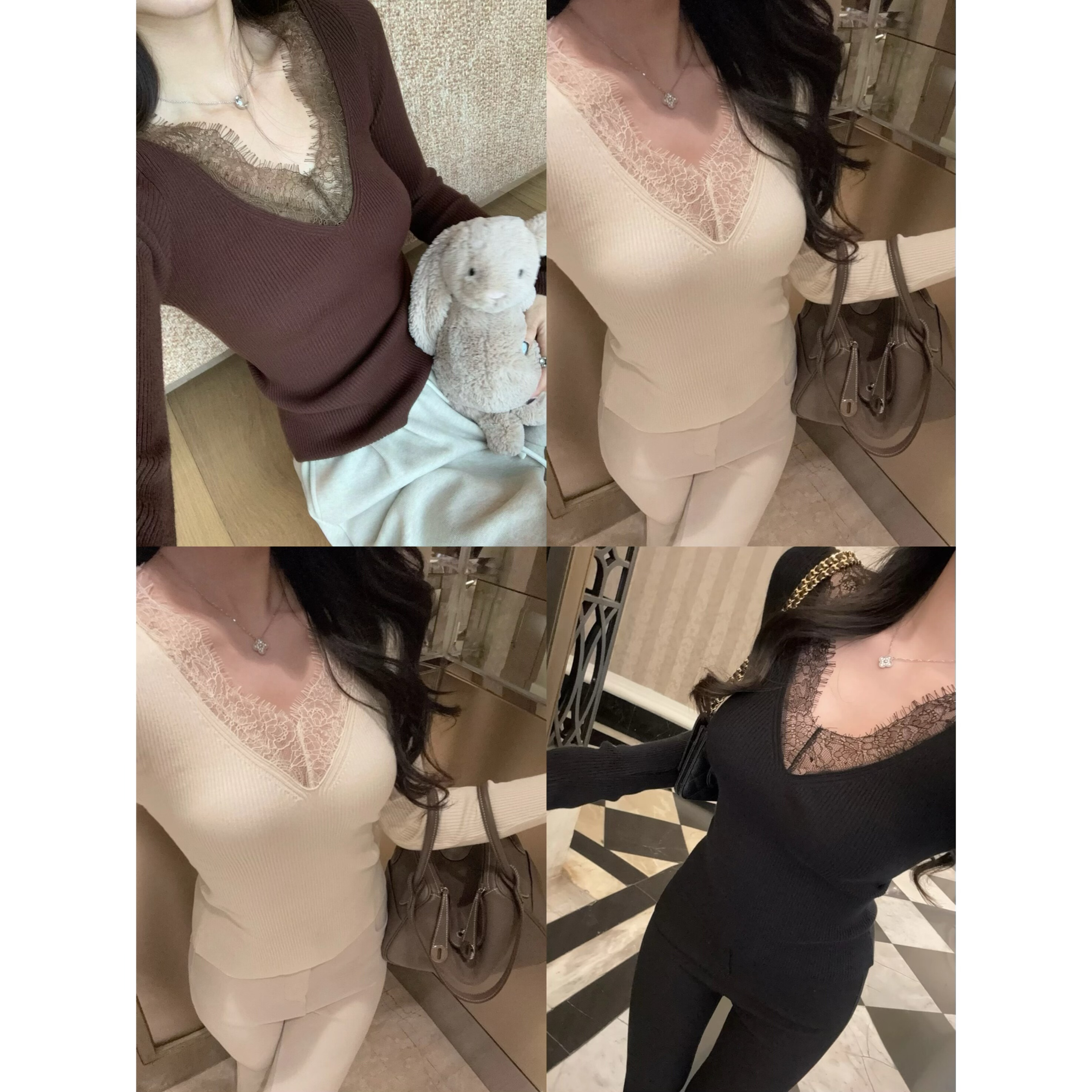 Mimo dk秋冬新款V领蕾丝拼接针织衫女修身显瘦内搭打底衫上衣