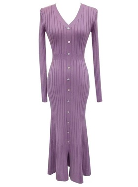 法式纯欲紫色v领长袖针织连衣裙女秋冬显身材鱼尾裙修身包臀长裙
