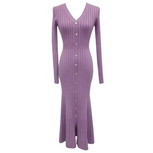 法式纯欲紫色v领长袖针织连衣裙女秋冬显身材鱼尾裙修身包臀长裙